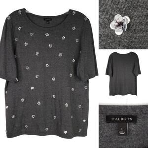 Talbots Sweater Embellished Sequin Floral Novelty Womens Large L Gray Cotton
